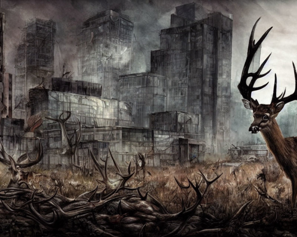 Desolate cityscape with stag under gloomy sky