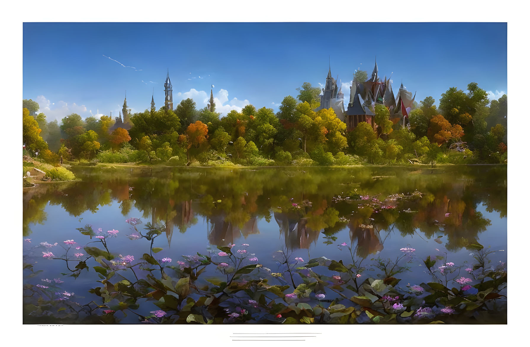 Majestic castle reflected in calm lake amid autumn trees