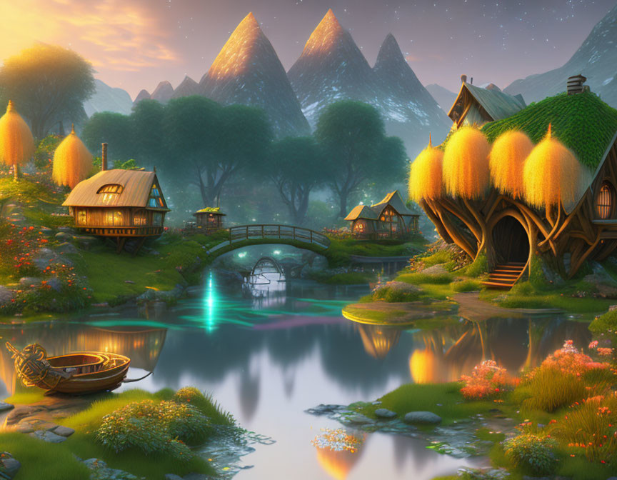 Tranquil fantasy village with cozy thatched-roof houses by river