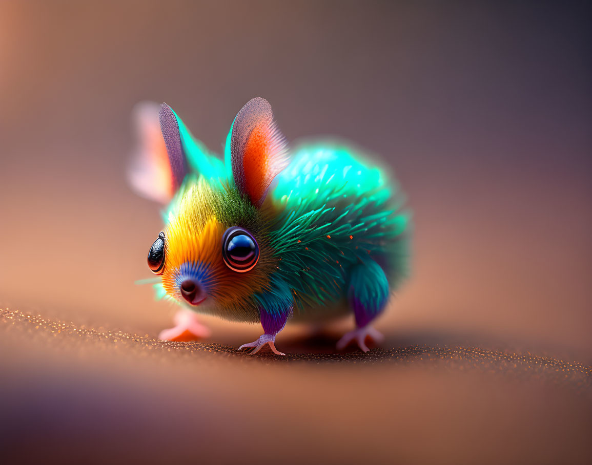Colorful whimsical creature with bright fur and delicate wings on soft-focused background