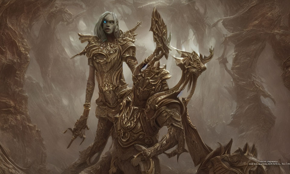 Female Figure in Gold Armor with Menacing Staff in Swirling Brown Mists