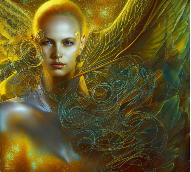 Ethereal being with luminescent halo and golden wings on abstract backdrop