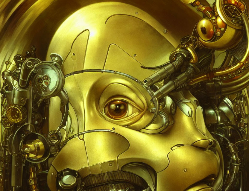 Steampunk mechanical head with visible gears and tubes in golden tones
