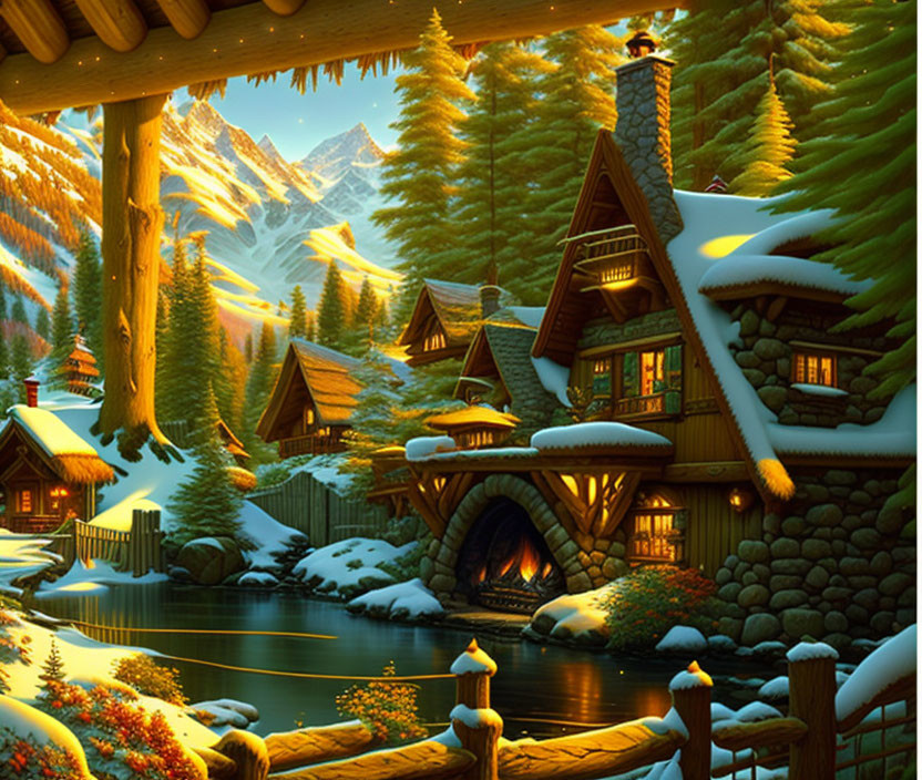 Winter Village with Cozy Cottages, Frozen River, Snowy Pine Trees