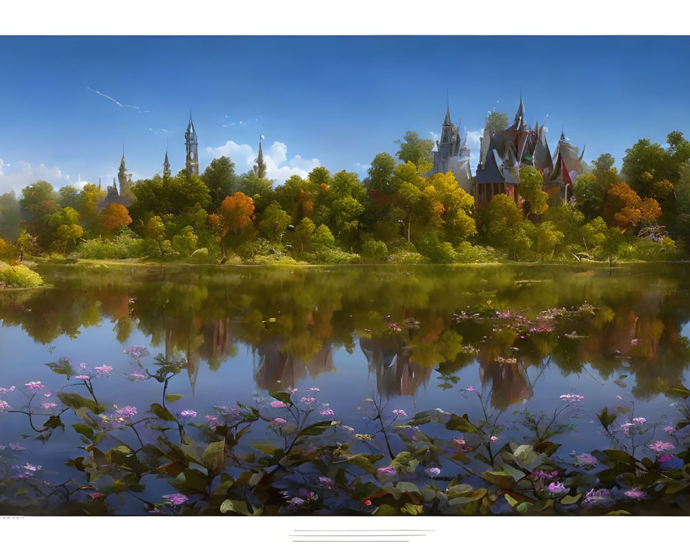 Majestic castle reflected in calm lake amid autumn trees