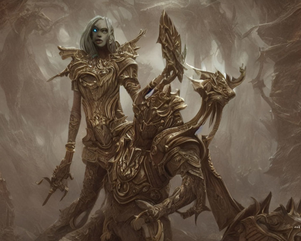 Female Figure in Gold Armor with Menacing Staff in Swirling Brown Mists