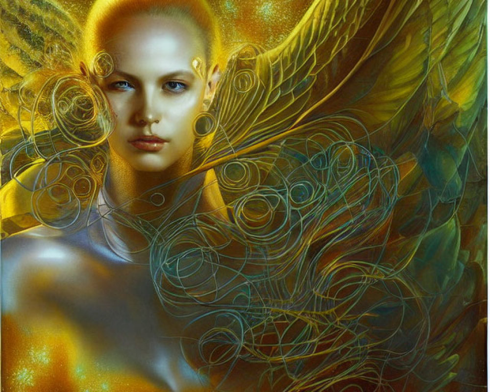 Ethereal being with luminescent halo and golden wings on abstract backdrop