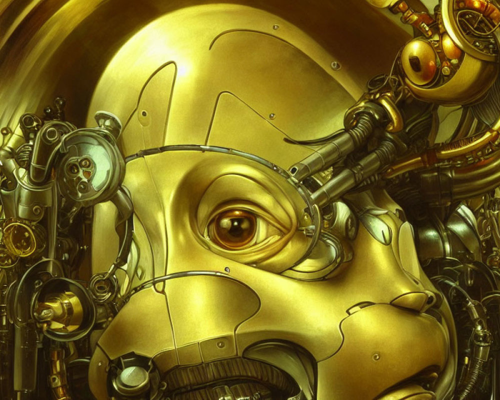 Steampunk mechanical head with visible gears and tubes in golden tones