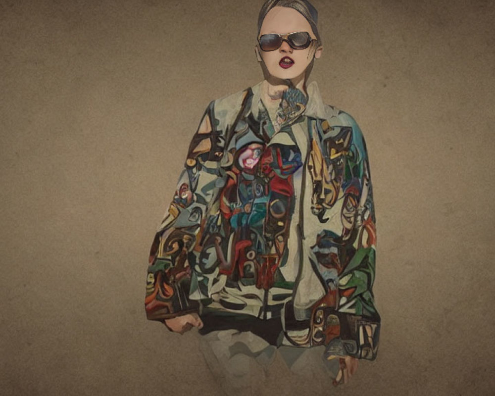 Person in Patterned Jacket and Sunglasses on Beige Background