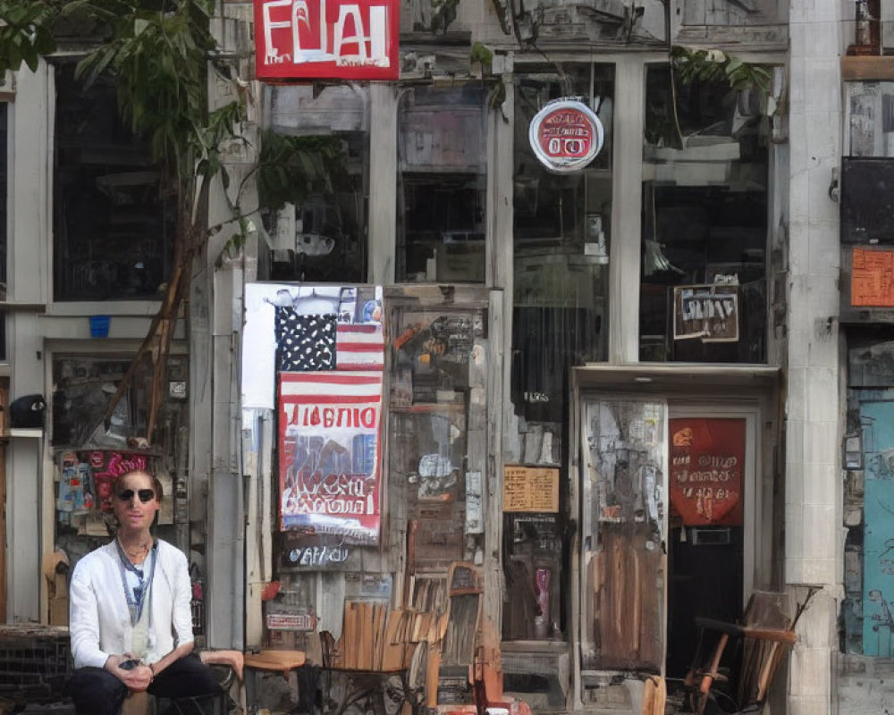Cluttered antique shop storefront with American flag and signs