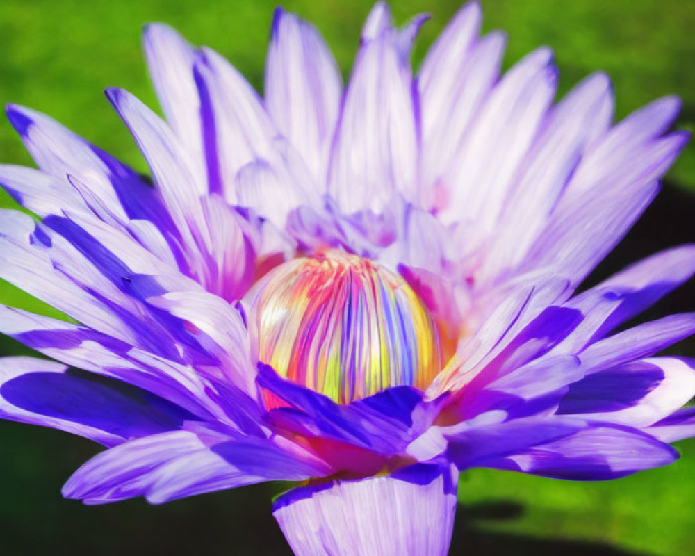 Vibrant purple water lily with delicate petals unfurling in blurred green background