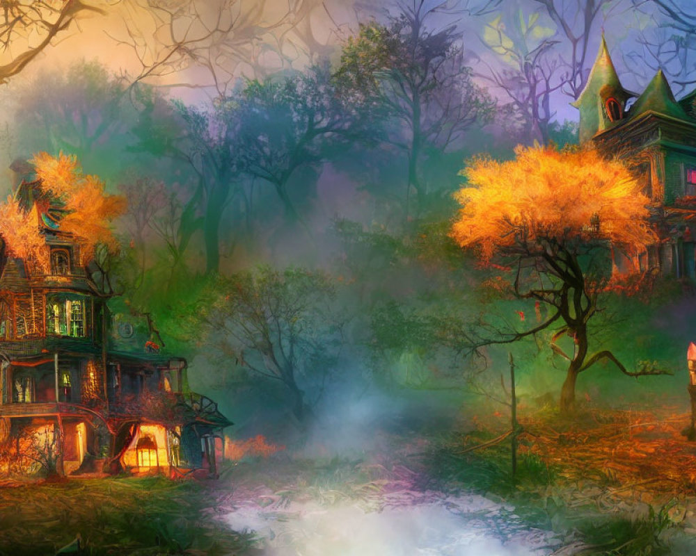 Enchanting forest scene with Victorian house and glowing trees