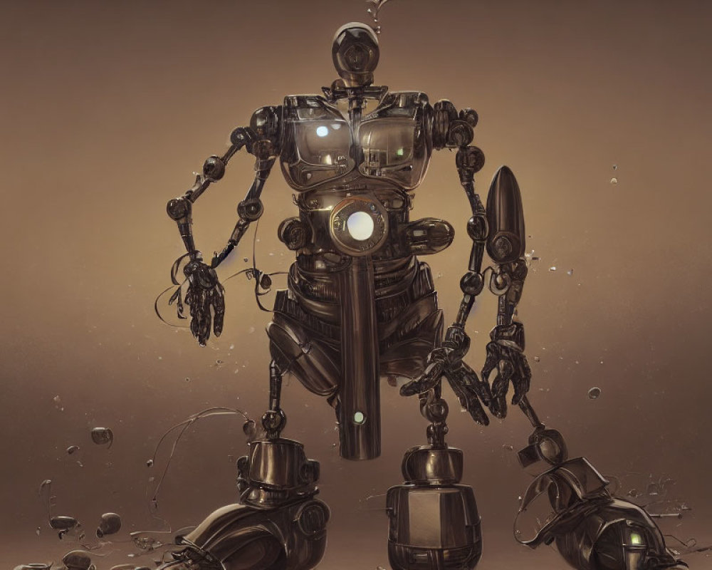 Detailed Illustration: Intricate Robot with Humanoid Shape Amidst Floating Water Droplets