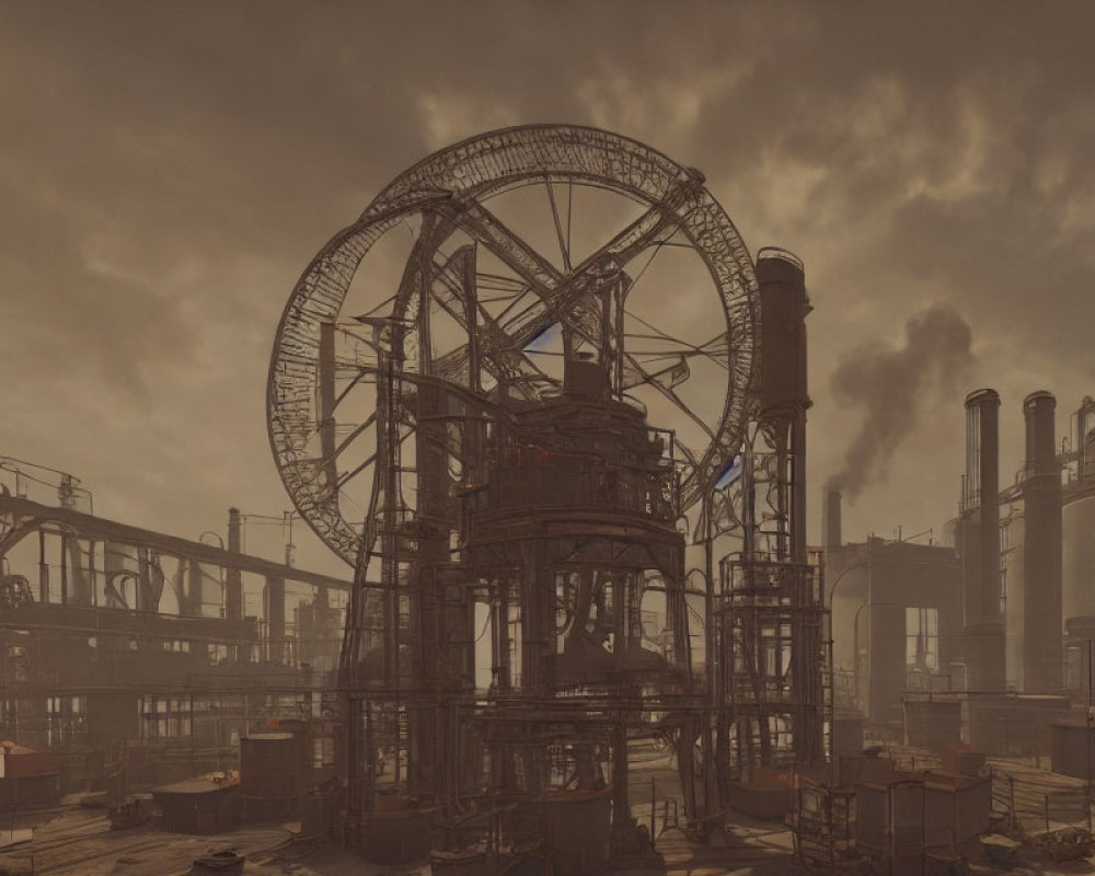 Dystopian industrial landscape with large Ferris wheel and factories