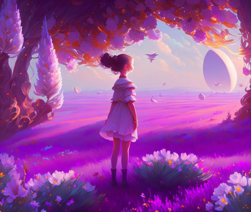 Young girl in vibrant purple fantasy landscape with large flowers and crescent moon.