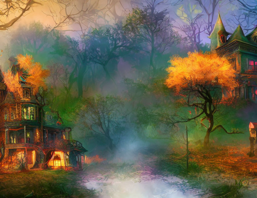 Enchanting forest scene with Victorian house and glowing trees