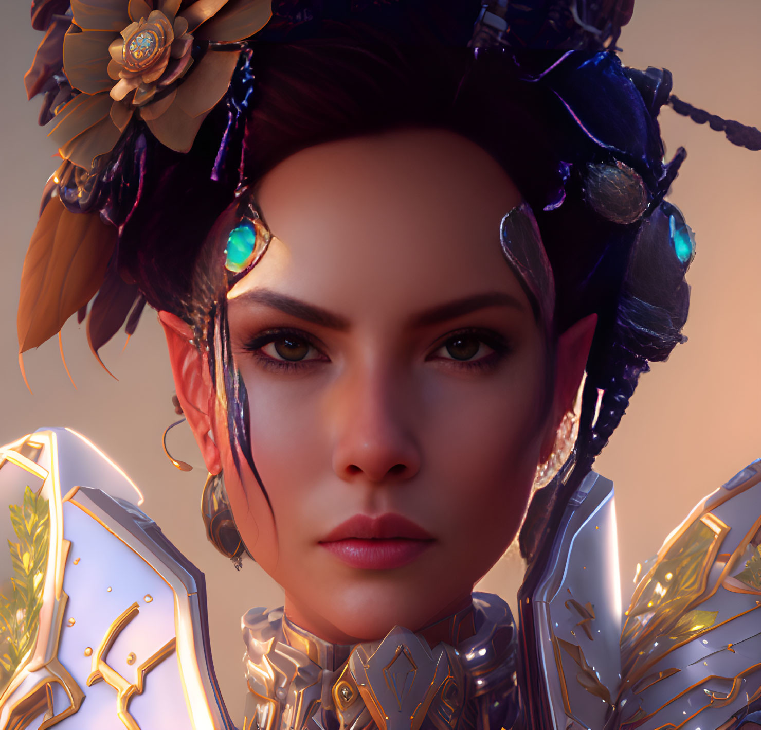 Fantasy female warrior digital artwork with decorated armor and ornate headdress