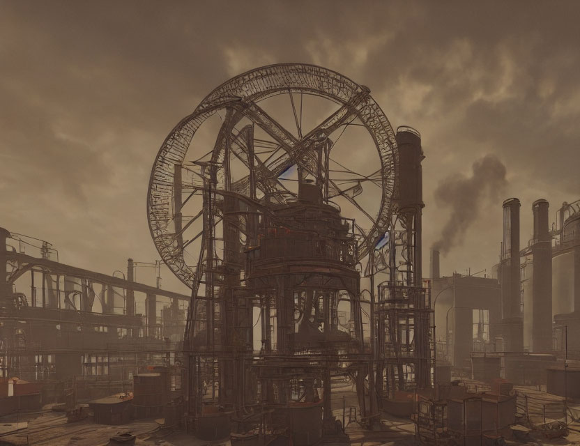 Dystopian industrial landscape with large Ferris wheel and factories