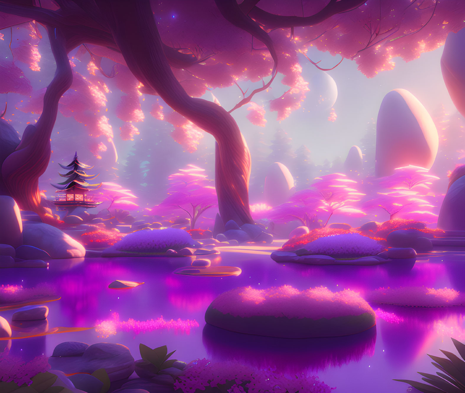 Fantasy landscape with purple and pink hues, serene lake, pagoda, whimsical trees, and