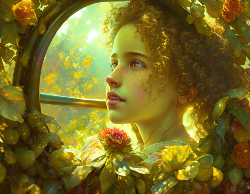 Young person with curly hair in magical floral setting