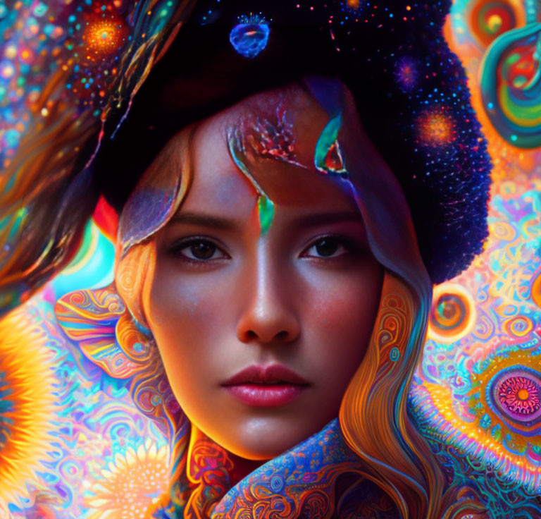 Cosmic surreal portrait of a woman with vibrant patterns and space-themed hat on psychedelic background