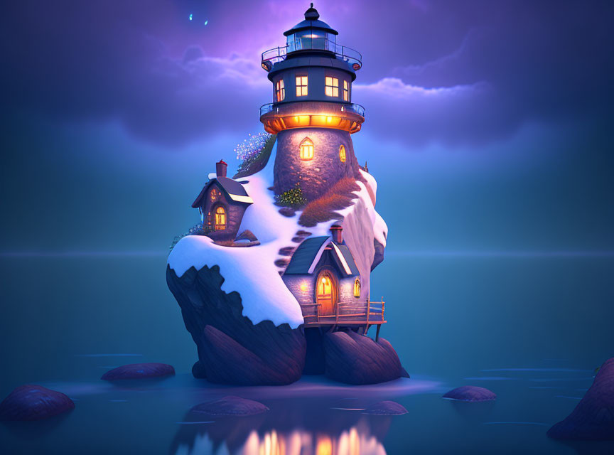 Illustration of illuminated lighthouse on snow-covered rock with cozy cottage by serene purple ocean under starry