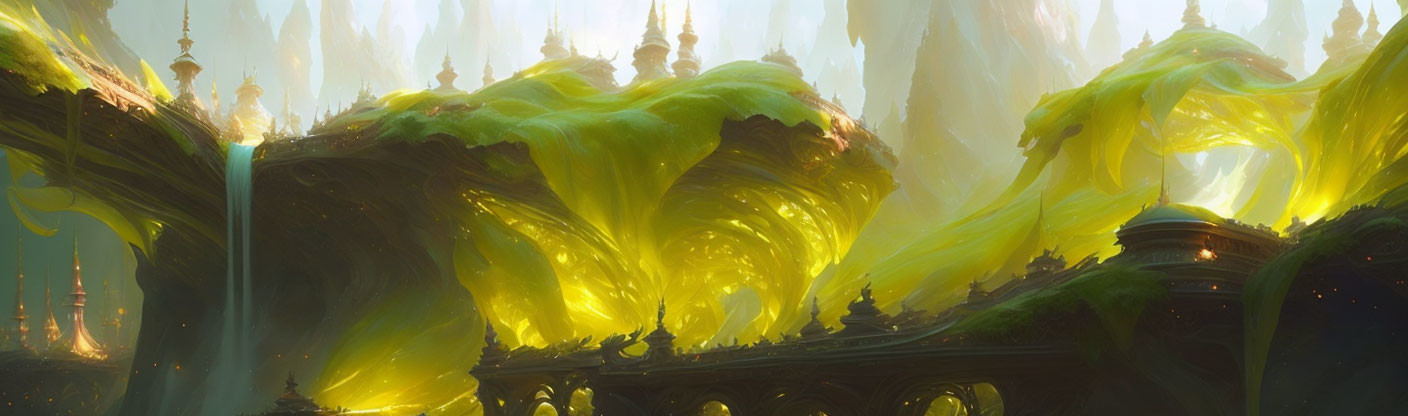Majestic fantasy landscape with flowing green and yellow structures and ancient-style buildings