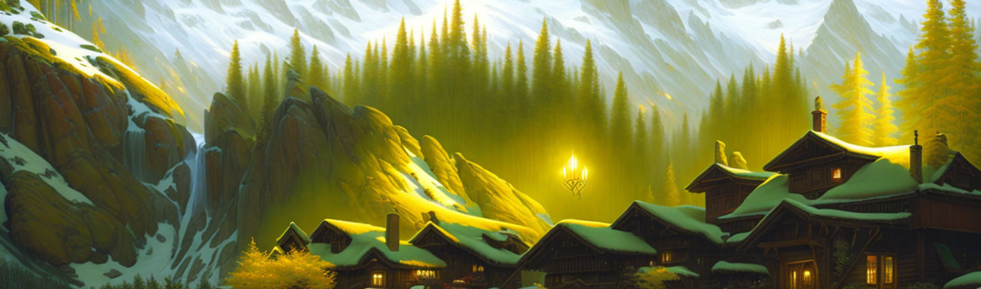 Snow-capped mountain village with cozy cabins and pine trees