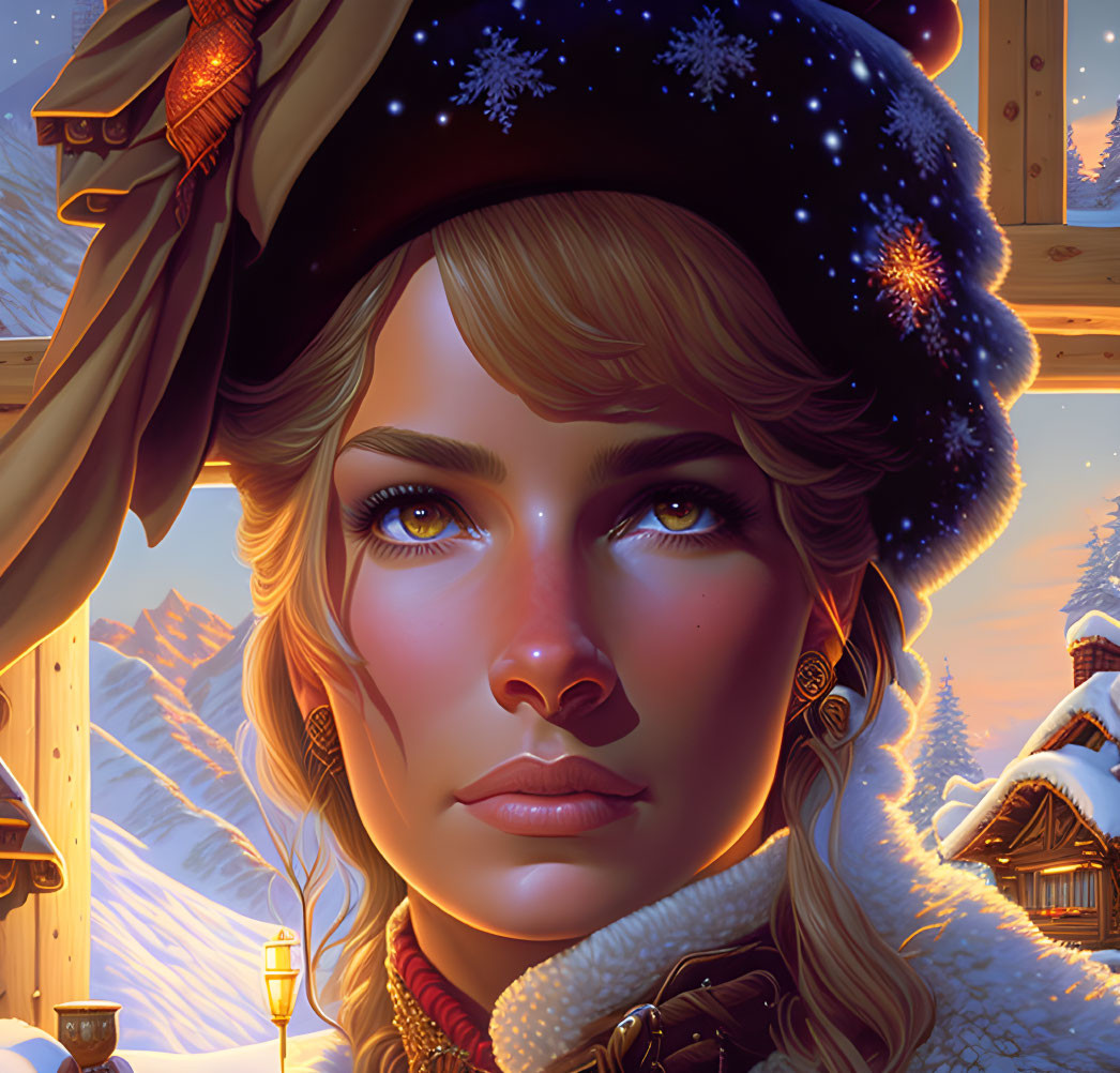 Digital artwork: Woman with blue eyes and blonde hair in winter attire, surrounded by snowflakes and