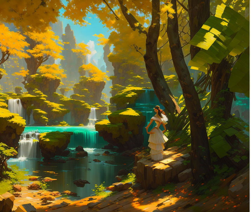 Woman in White Dress by Serene Waterfall with Autumn Trees