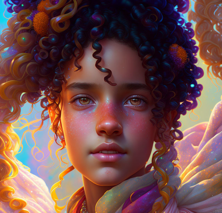 Child with Curly Hair and Butterfly Wings in Colorful Digital Art