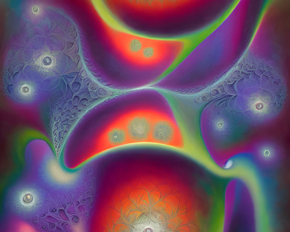 Vibrant abstract fractal design with intricate patterns in purples, reds, greens,