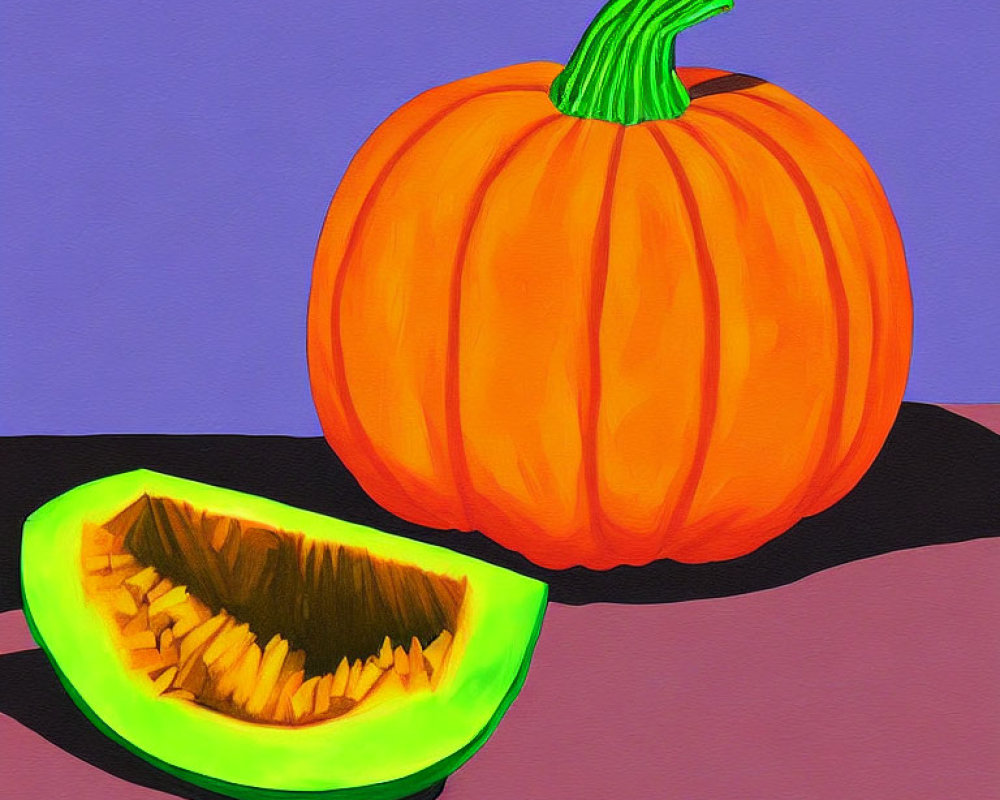 Colorful painting of pumpkin and melon on purple background
