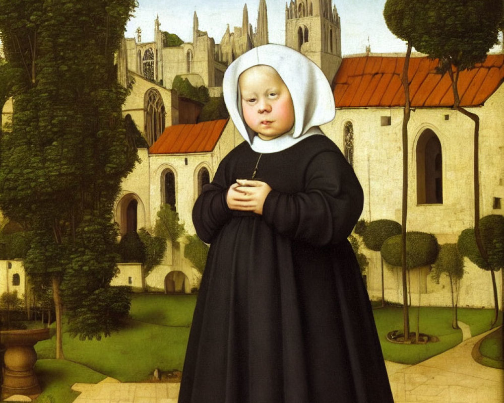 Portrait of a child in black dress and white headdress in serene garden with Gothic architecture
