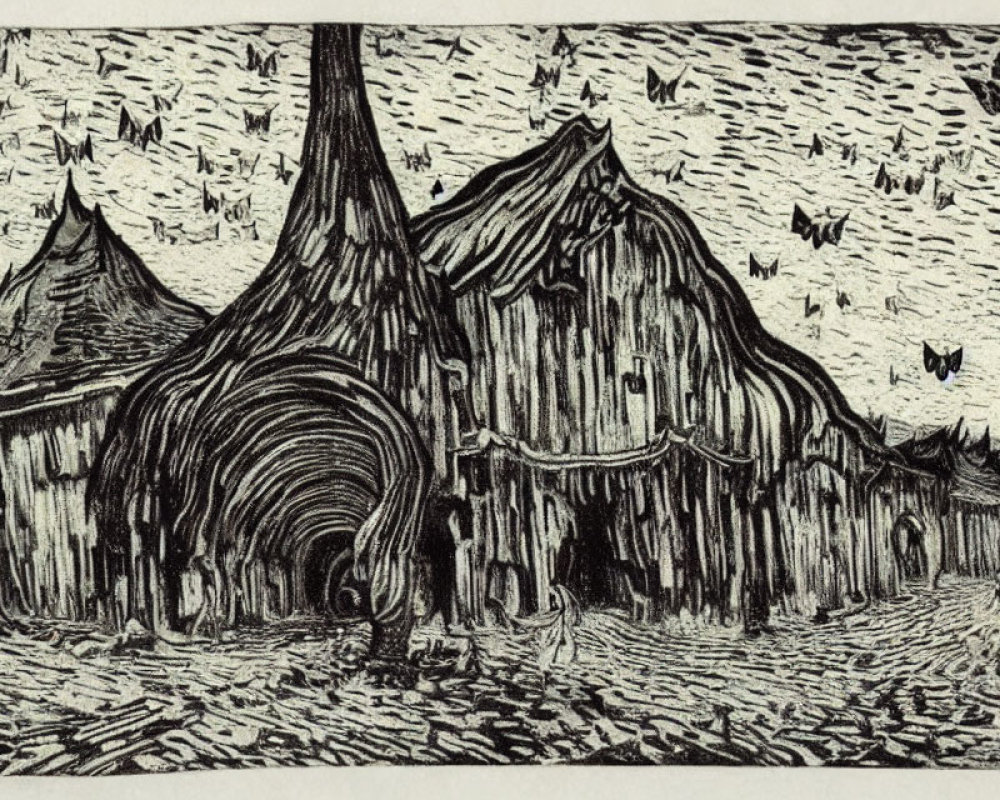 Ink drawing of street with exaggerated perspective and distorted buildings under sky with birds or bats