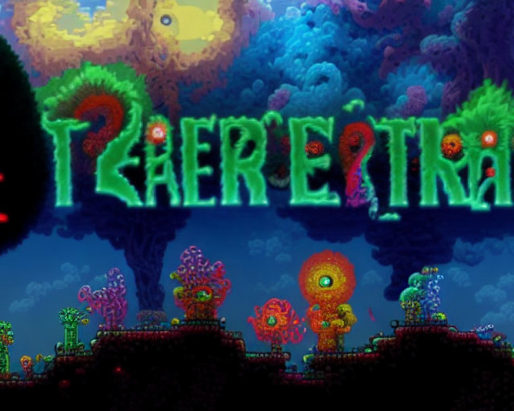 Colorful pixelated game scene with whimsical structures and flora - "Terraria" title in styl