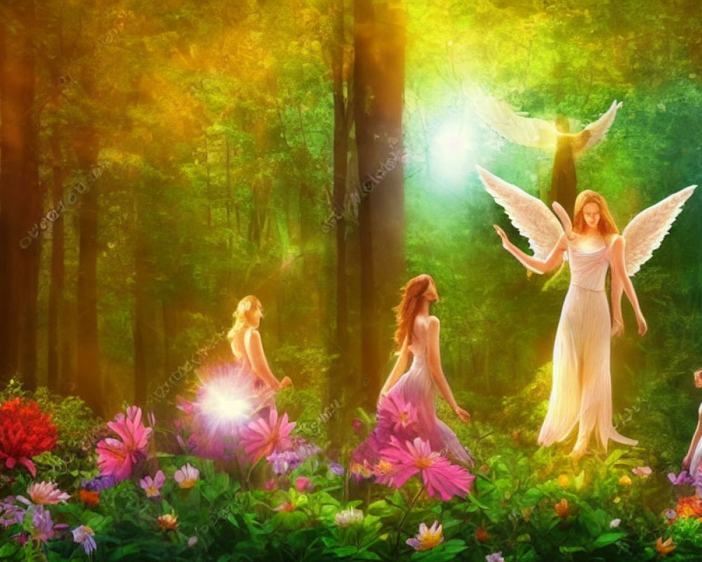 Mystical forest scene with vibrant flowers and ethereal angelic figures