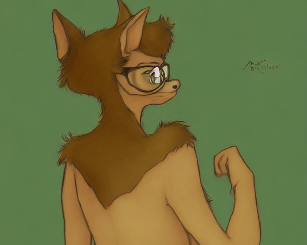 Brown anthropomorphic fox character flexing muscle on green background