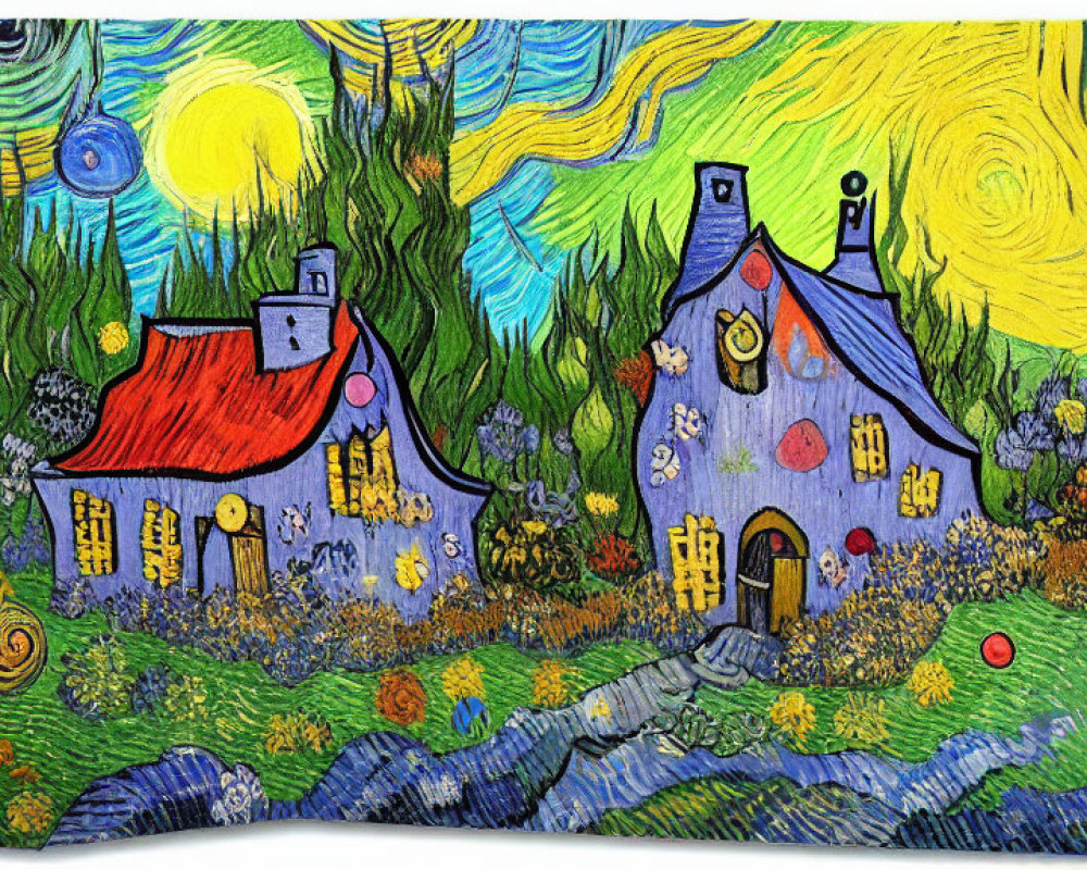 Whimsical thatched roof houses in Van Gogh-inspired scenery