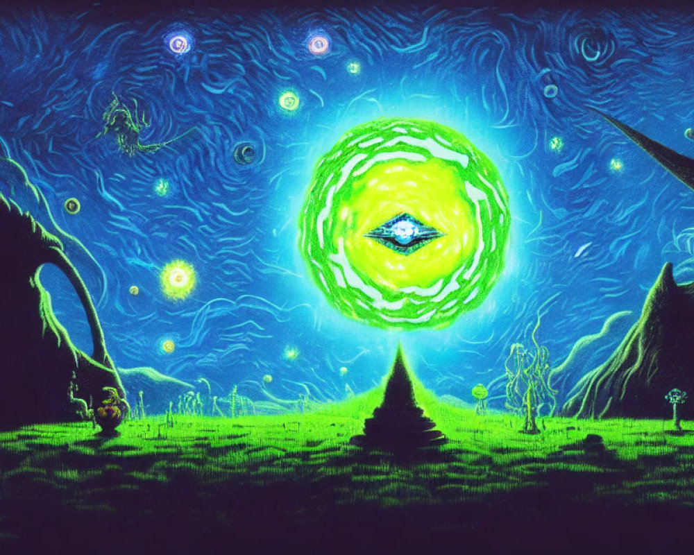 Surreal landscape with glowing eye-like portal and luminous orbs