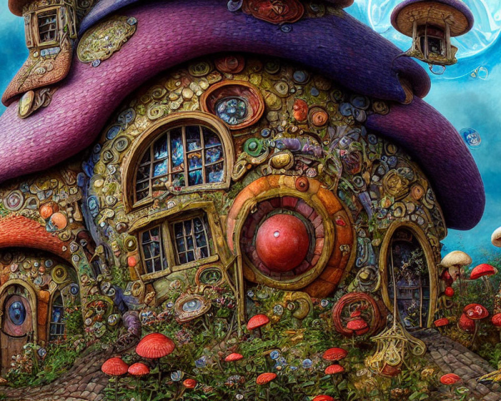 Fantasy Mushroom House with Purple Roof and Red Toadstools