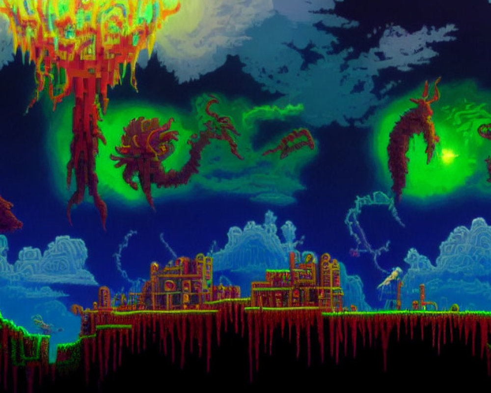 Colorful Pixel Art Landscape with Glowing Town and Dragons