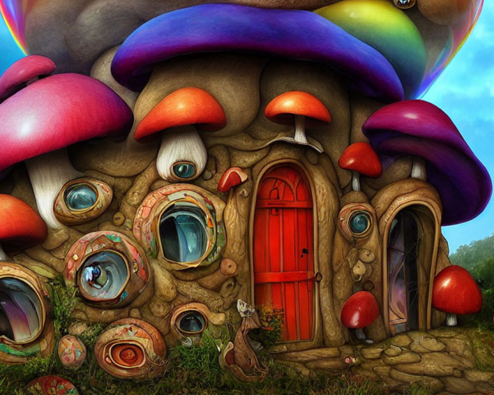 Colorful Mushroom House with Red Door and Cat in Fantasy Landscape