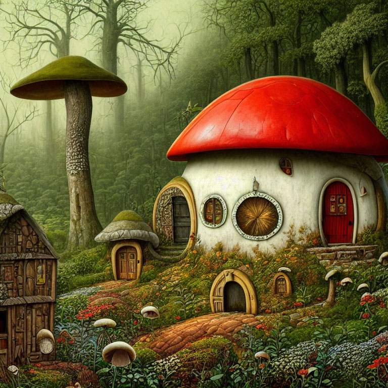 Fantasy Mushroom House in Lush Forest Setting