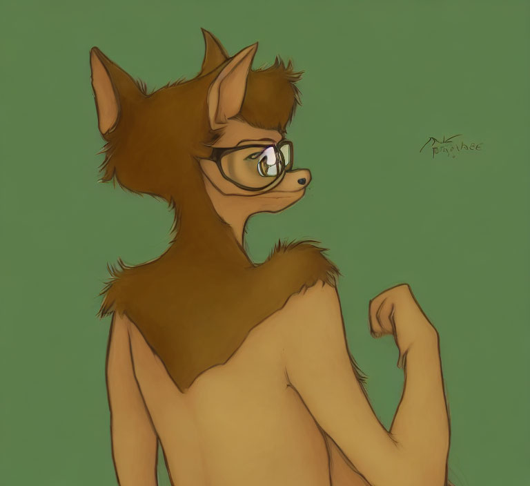Brown anthropomorphic fox character flexing muscle on green background
