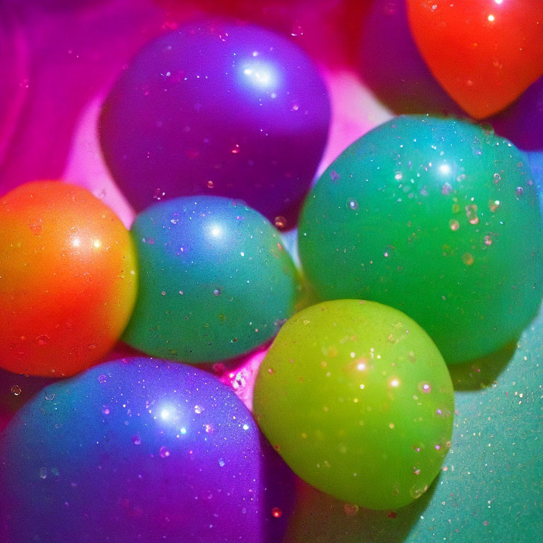 Vibrant Cluster of Colorful Water Balloons on Glistening Background
