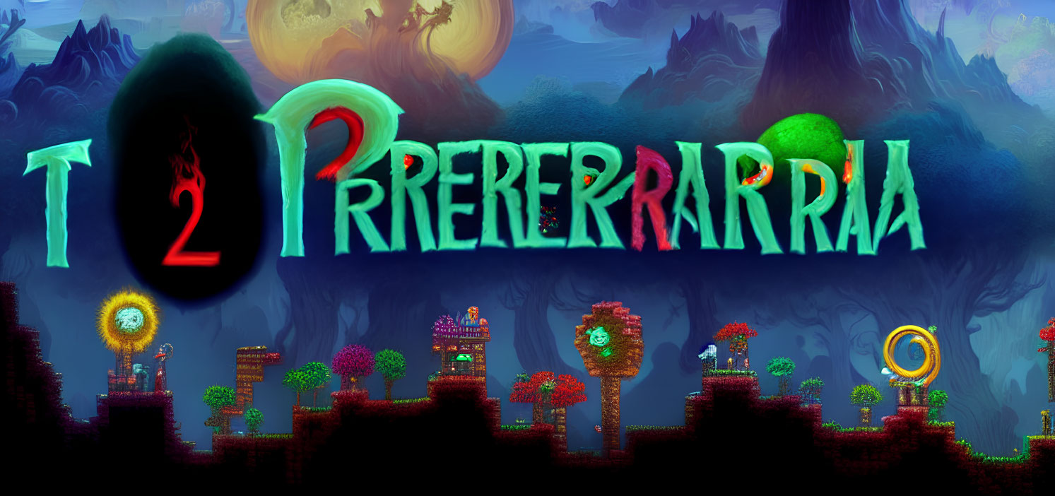 Fantasy landscape graphic with stylized "Terraria" text and whimsical elements