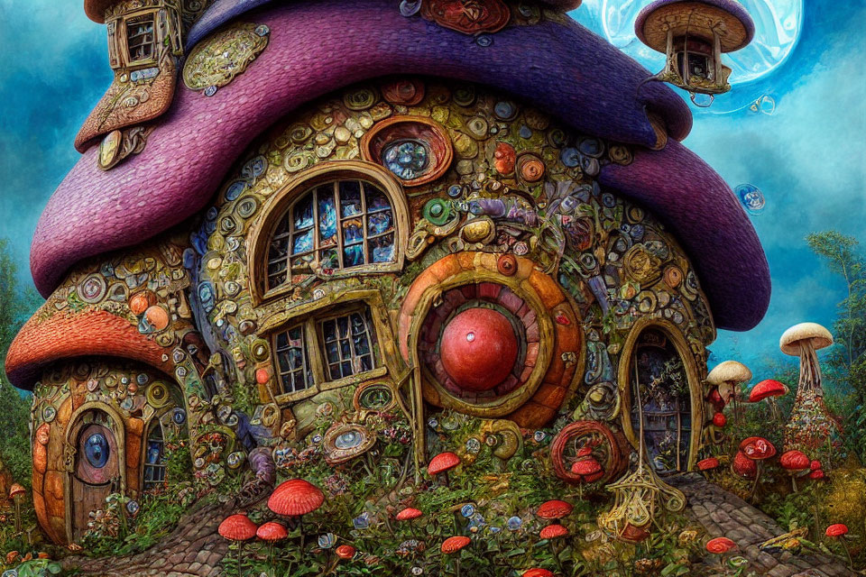 Fantasy Mushroom House with Purple Roof and Red Toadstools