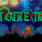 Fantasy landscape graphic with stylized "Terraria" text and whimsical elements