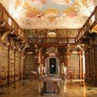 Majestic old library with towering wooden bookshelves